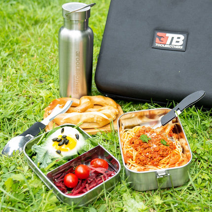 Torba na lunch ze stali nierdzewnej z 2-poziomową bambusową pokrywką o pojemności 1340 ml + butelka ze stali nierdzewnej o pojemności 600 ml + wielofunkcyjne sztućce 4 w 1