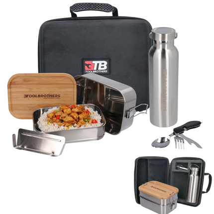 Torba na lunch ze stali nierdzewnej z 2-poziomową bambusową pokrywką o pojemności 1340 ml + butelka ze stali nierdzewnej o pojemności 600 ml + wielofunkcyjne sztućce 4 w 1