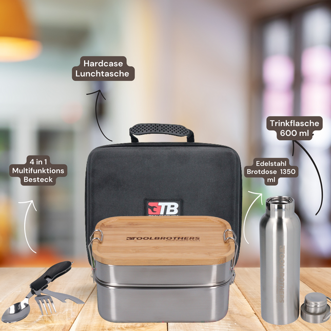 Toolbrothers Fan Lunch Pack en estuche rígido Bolsa de transporte Bolsa de almuerzo impermeable con lonchera de acero inoxidable Tapa de bambú de 2 niveles 1340 ml + Botella de acero inoxidable 600 ml + Cubiertos multifuncionales 4 en 1