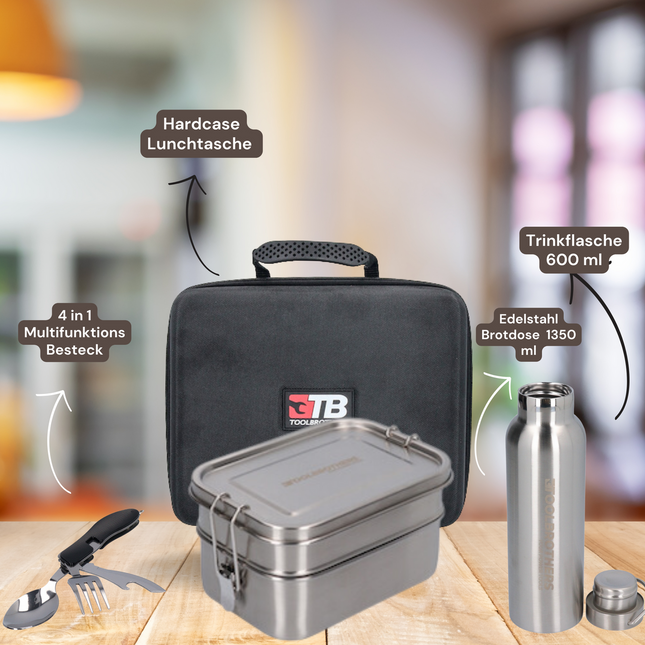 Toolbrothers Fan Lunch Pack en estuche rígido Bolsa de transporte Bolsa de almuerzo impermeable con fiambrera de 2 niveles, tapa de acero inoxidable de 1340 ml + botella de acero inoxidable de 600 ml + cubiertos multifuncionales 4 en 1
