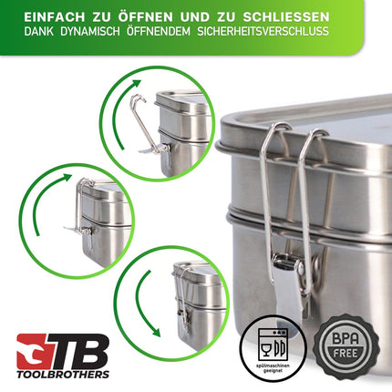 Toolbrothers Fan Boîte à déjeuner en étui rigide avec Sac de transport étanche avec 2 étages et couvercle en acier inoxydable 1340 ml + Gourde en acier inoxydable 600 ml + Couverts multifonctions 4 en 1