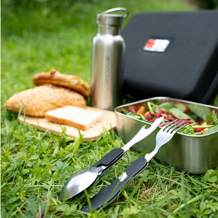 Toolbrothers Fan packed lunch in hard case carrier bag lunch bag waterproof with stainless steel lunch box & bamboo lid 1200 ml + stainless steel drinking bottle 600 ml + 4 in 1 multifunctional cutlery set