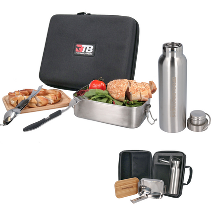 Toolbrothers Fan packed lunch in hard case carrier bag lunch bag waterproof with stainless steel lunch box & bamboo lid 1200 ml + stainless steel drinking bottle 600 ml + 4 in 1 multifunctional cutlery set