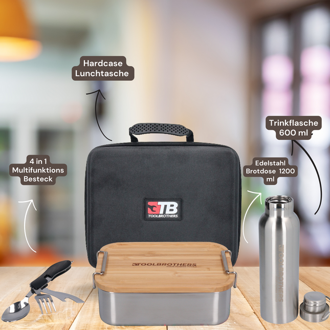 Toolbrothers Fan packed lunch in hard case carrier bag lunch bag waterproof with stainless steel lunch box & bamboo lid 1200 ml + stainless steel drinking bottle 600 ml + 4 in 1 multifunctional cutlery set