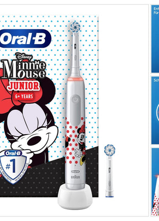 Spazzolino elettrico Oral-B Junior Minnie Mouse per bambini dai 6 anni in su Controllo della pressione a 360° 2 modalità di spazzolamento incluse, timer, bianco + 2 spazzolini di ricambio