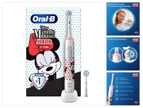 Spazzolino elettrico Oral-B Junior Minnie Mouse per bambini dai 6 anni in su Controllo della pressione a 360° 2 modalità di spazzolamento incluse, timer, bianco + 2 spazzolini di ricambio