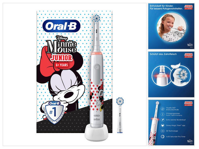 Spazzolino elettrico Oral-B Junior Minnie Mouse per bambini dai 6 anni in su Controllo della pressione a 360° 2 modalità di spazzolamento incluse, timer, bianco + 2 spazzolini di ricambio
