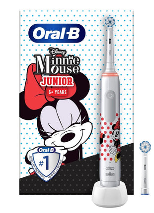Spazzolino elettrico Oral-B Junior Minnie Mouse per bambini dai 6 anni in su Controllo della pressione a 360° 2 modalità di spazzolamento incluse, timer, bianco + 2 spazzolini di ricambio