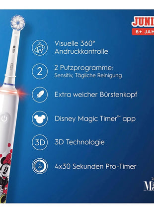 Spazzolino elettrico Oral-B Junior Minnie Mouse per bambini dai 6 anni in su Controllo della pressione a 360° 2 modalità di spazzolamento incluse, timer, bianco + 2 spazzolini di ricambio