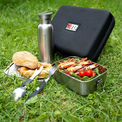 Toolbrothers Fan lunch box in custodia rigida impermeabile in acciaio inox con scomparti divisori e coperchio in acciaio inox da 1200 ml + borraccia in acciaio inox da 600 ml + set di posate multifunzione 4 in 1