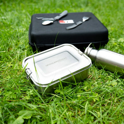 Toolbrothers Fan lunch box in custodia rigida impermeabile in acciaio inox con scomparti divisori e coperchio in acciaio inox da 1200 ml + borraccia in acciaio inox da 600 ml + set di posate multifunzione 4 in 1
