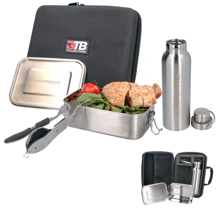 Toolbrothers Fan lunch box in custodia rigida impermeabile in acciaio inox con scomparti divisori e coperchio in acciaio inox da 1200 ml + borraccia in acciaio inox da 600 ml + set di posate multifunzione 4 in 1
