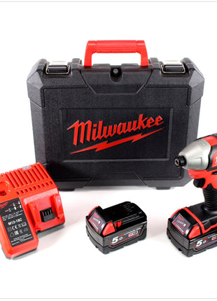 Milwaukee M18 BLID 502 C 18 V Brushless Akku - Schlagschrauber + 2x 5.0 Ah Red Li-Ion Akku + Milwaukee M12-18C Universal Akku Ladegerät + Koffer - Toolbrothers