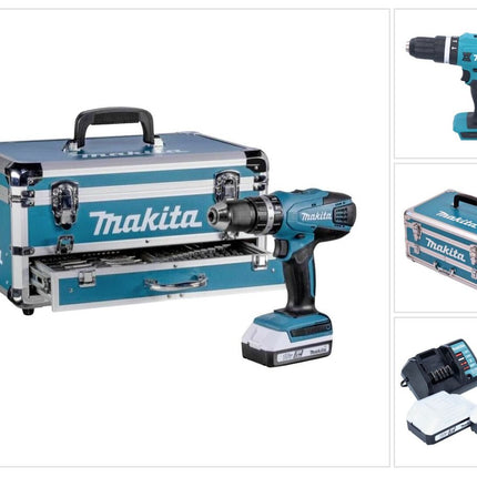 Taladro percutor inalámbrico Makita HP 488 D009 18 V 42 Nm Serie G + 2x baterías 1,5 Ah + cargador + set de accesorios 70 piezas + estuche