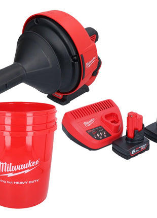 Milwaukee M12 BDC6-602C Akku Rohrreinigungsgerät 12 V + 2x Akku 6,0 Ah + Ladegerät + Spirale + Eimer