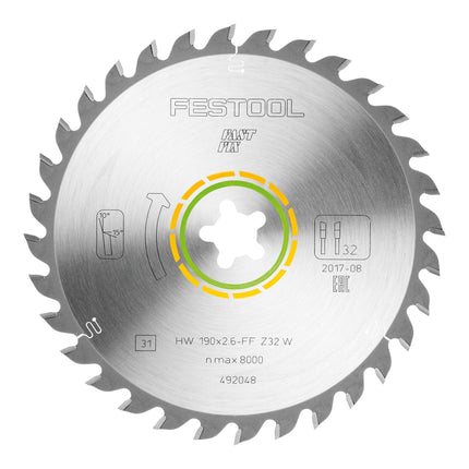 Festool HW 190x2,6 FF W32 Lame de scie circulaire WOOD UNIVERSAL ( 492048 ) 190 x 2,6 mm 32 dents pour tous les bois, matériaux dérivés du bois, panneaux de particules, plaques de plâtre, plastique mou